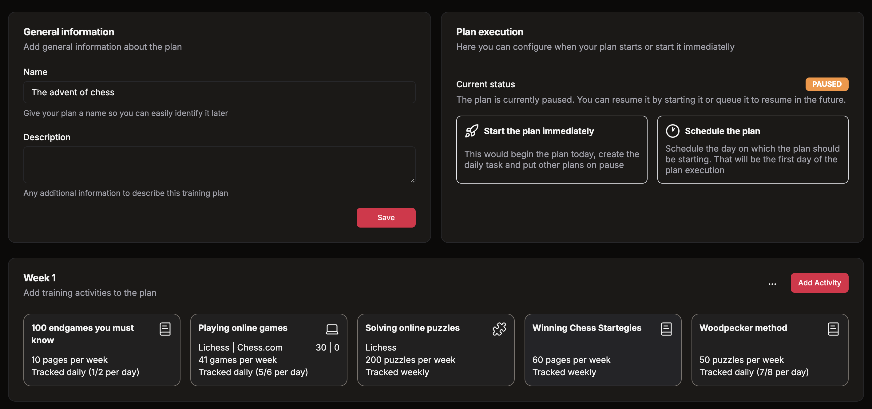 Chessodoro training creation tool allows creating a personalized training plan.